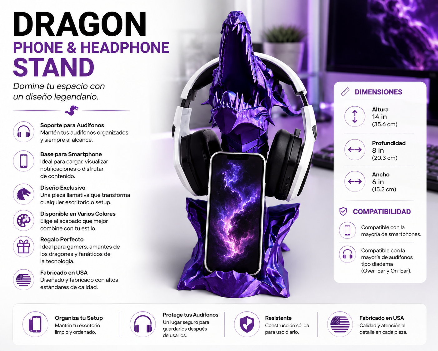 SOPORTE PARA TELÉFONO Y AURICULARES DRAGÓN